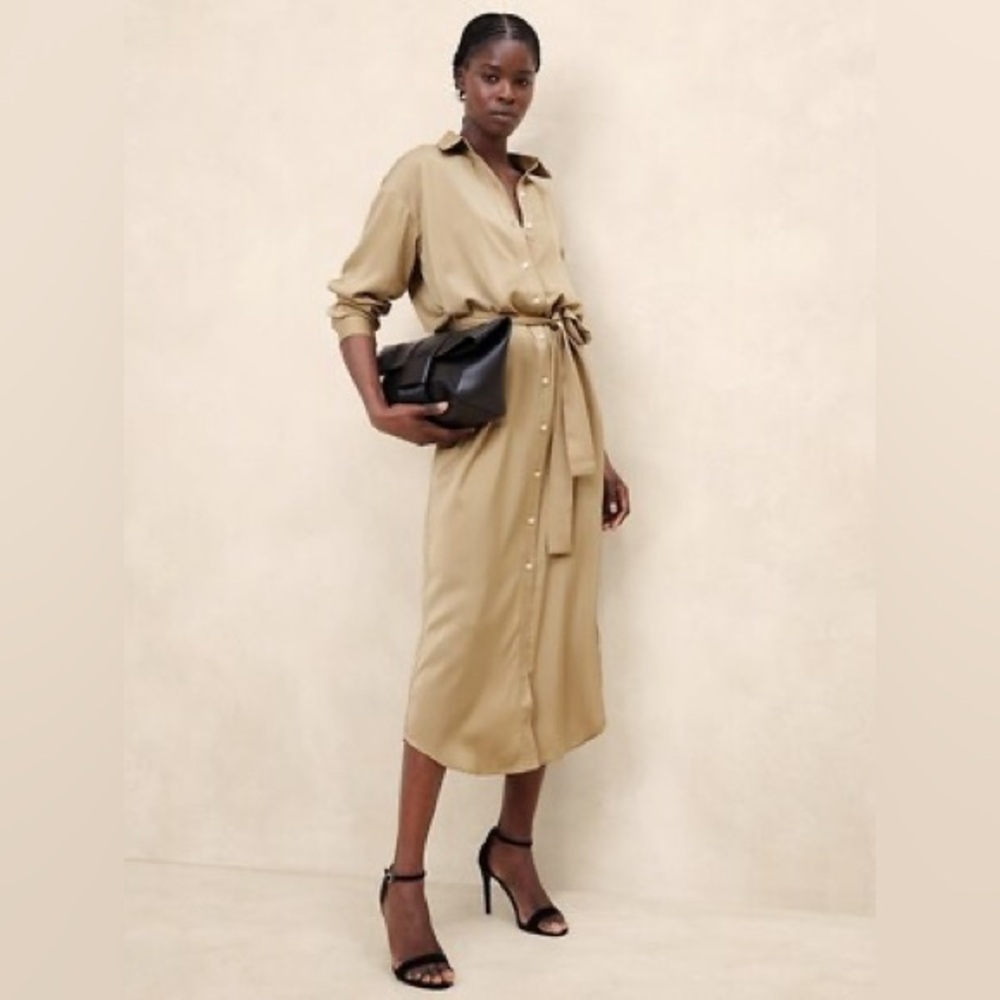 Banana Republic Tie Waist Maxi Long Sleeve Dress in Gold